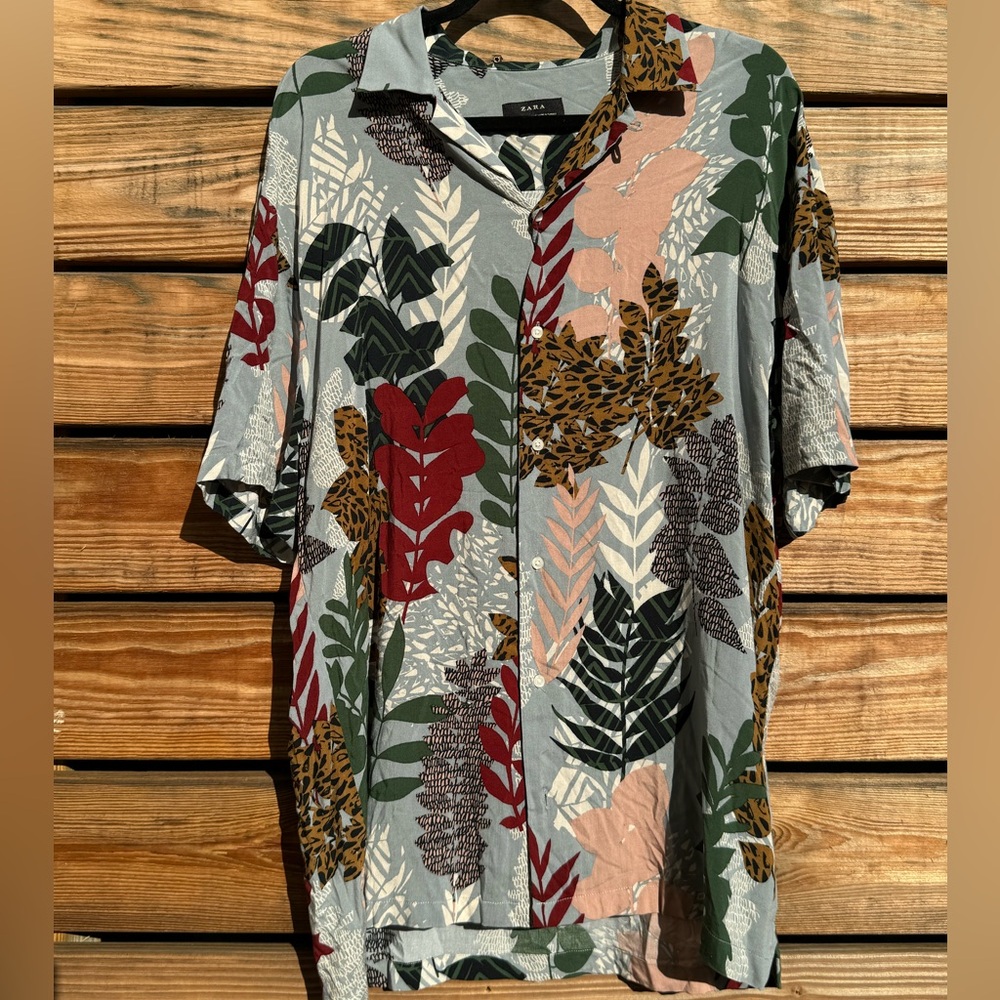 Zara Multicolor Leaf Print Casual Button Down Shirt